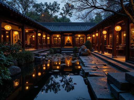 广州万缘人河文化传播有限公司外景，古典建筑风格，门前有石狮子装饰，体现传统文化氛围