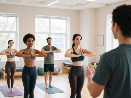 八段锦练习场景，一群人在室内练习传统健身气功，动作整齐划一