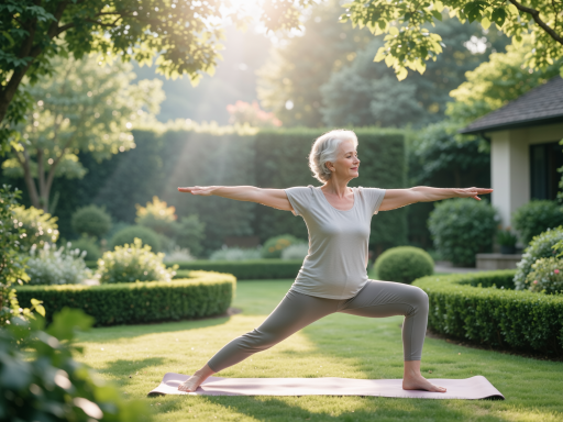 太极拳练习场景，一位中年女性穿着宽松练功服在公园晨练，动作优雅舒缓